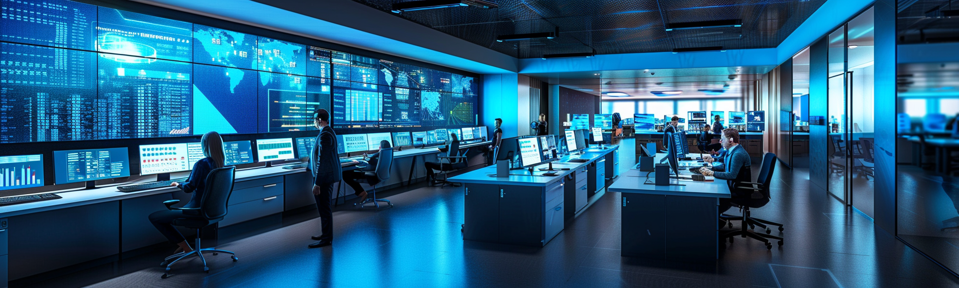 Modern security operations center with analysts monitoring database security dashboards
